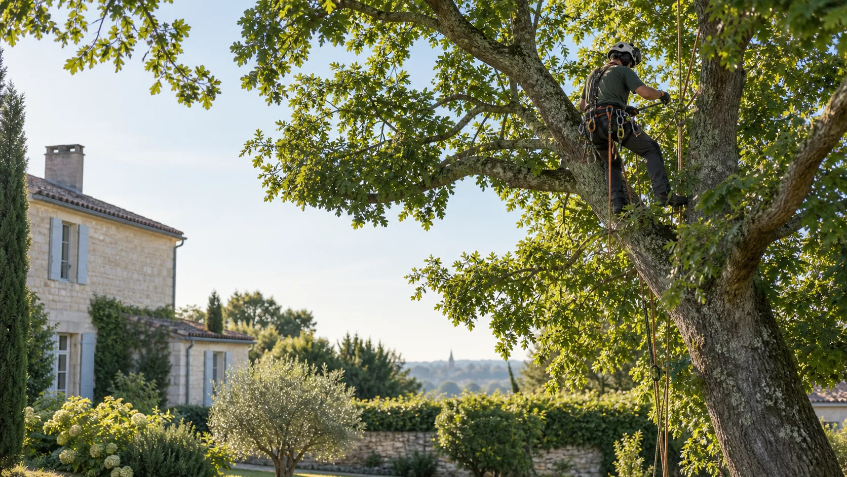 Élagueur arboriste en cordes dans un arbre, Nova Élagage